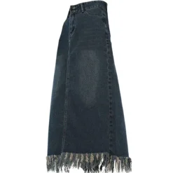 Skirts*Boogzel Clothing Aesthetic Long Denim Fringe Skirt Blue