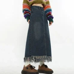 Skirts*Boogzel Clothing Aesthetic Long Denim Fringe Skirt Blue