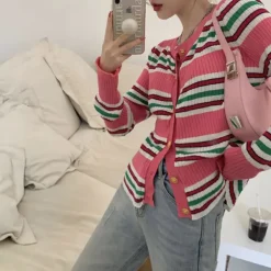 Striped Sweaters|Knit Cardigans*Boogzel Clothing Aesthetic Ribbed Cardigan Pink