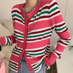 Striped Sweaters|Knit Cardigans*Boogzel Clothing Aesthetic Ribbed Cardigan Pink
