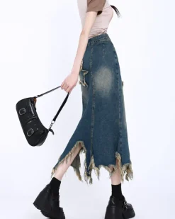 Skirts*Boogzel Clothing Aesthetic Star Long Denim Skirt DarkBlue