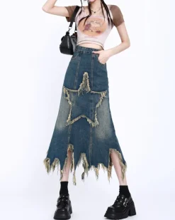 Skirts*Boogzel Clothing Aesthetic Star Long Denim Skirt DarkBlue