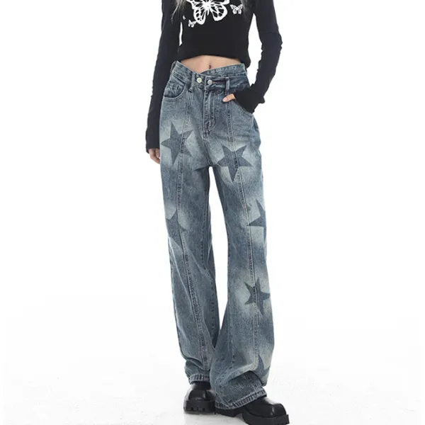 Jeans*Boogzel Clothing Aesthetic Star Washed Jeans Blue