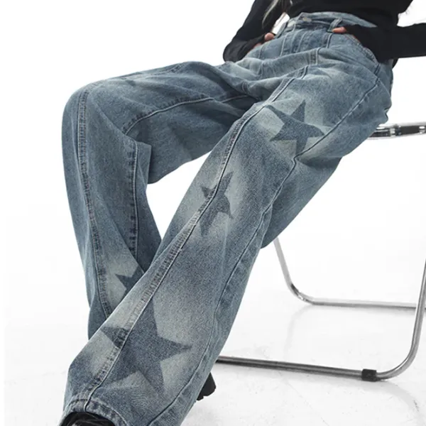 Jeans*Boogzel Clothing Aesthetic Star Washed Jeans Blue