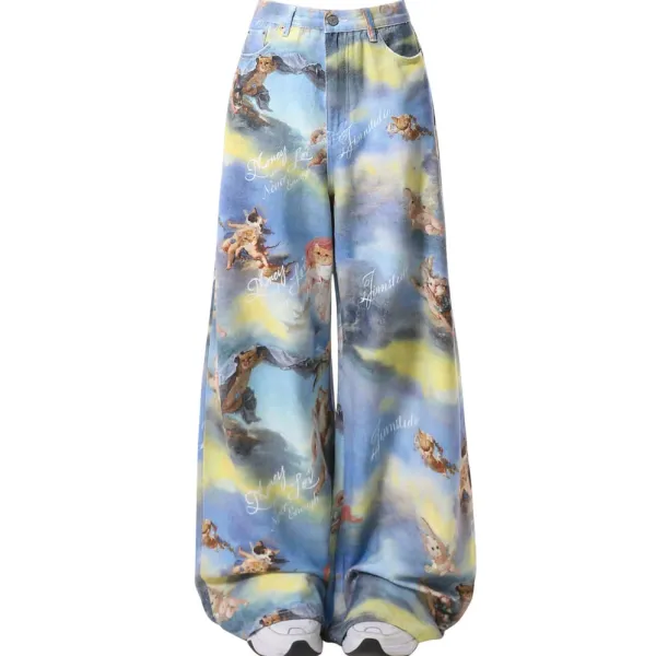 Pants & Trousers*Boogzel Clothing Angel Cat Print Wide-Leg Pants Blue