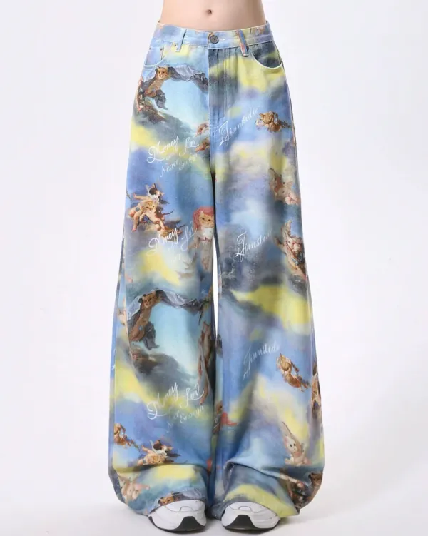 Pants & Trousers*Boogzel Clothing Angel Cat Print Wide-Leg Pants Blue
