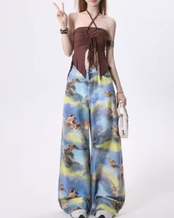 Pants & Trousers*Boogzel Clothing Angel Cat Print Wide-Leg Pants Blue