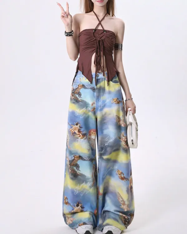 Pants & Trousers*Boogzel Clothing Angel Cat Print Wide-Leg Pants Blue