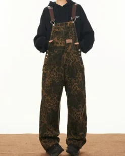 Dresses & Rompers*Boogzel Clothing Animal Instincts Leopard Print Denim Overalls Brown
