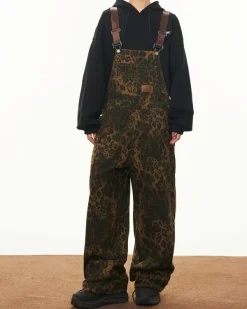 Dresses & Rompers*Boogzel Clothing Animal Instincts Leopard Print Denim Overalls Brown