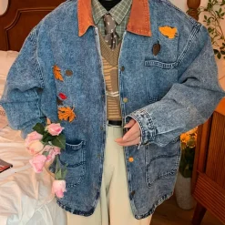 Mens|Coats & Jackets*Boogzel Clothing Autumn Leaves Embroidery Denim Jacket Blue