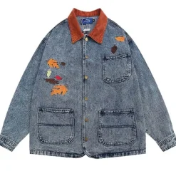 Mens|Coats & Jackets*Boogzel Clothing Autumn Leaves Embroidery Denim Jacket Blue