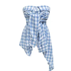 Y2K Tops*Boogzel Clothing Baby Plaid Off Shoulder Shirt Blue