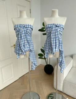Y2K Tops*Boogzel Clothing Baby Plaid Off Shoulder Shirt Blue
