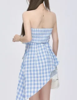 Y2K Tops*Boogzel Clothing Baby Plaid Off Shoulder Shirt Blue