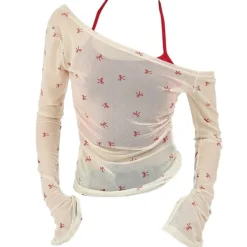 Long Sleeve Tops*Boogzel Clothing Balletcore Aesthetic Bow Mesh Top White/red