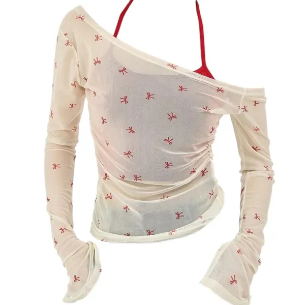 Long Sleeve Tops*Boogzel Clothing Balletcore Aesthetic Bow Mesh Top White/red