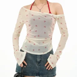 Long Sleeve Tops*Boogzel Clothing Balletcore Aesthetic Bow Mesh Top White/red