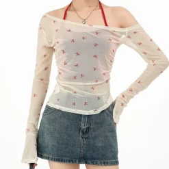 Long Sleeve Tops*Boogzel Clothing Balletcore Aesthetic Bow Mesh Top White/red