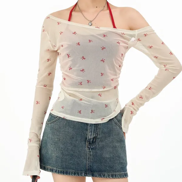 Long Sleeve Tops*Boogzel Clothing Balletcore Aesthetic Bow Mesh Top White/red