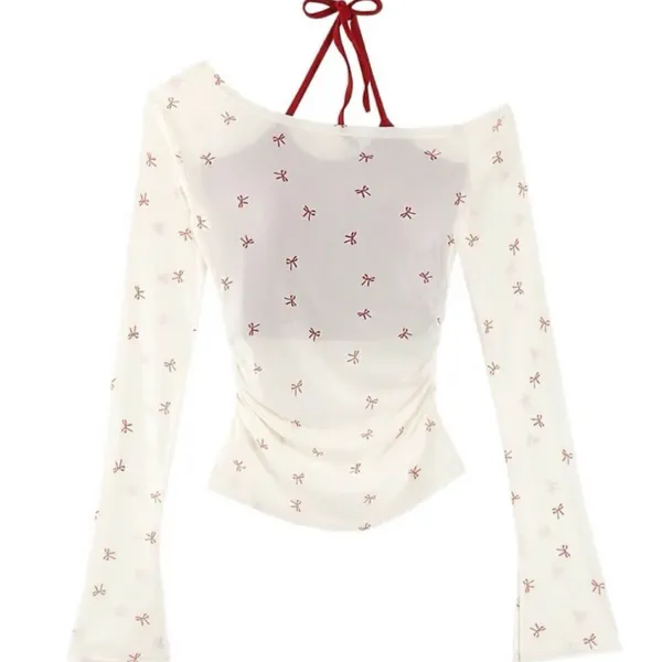 Long Sleeve Tops*Boogzel Clothing Balletcore Aesthetic Bow Mesh Top White/red