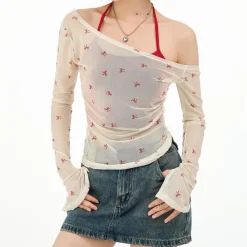 Long Sleeve Tops*Boogzel Clothing Balletcore Aesthetic Bow Mesh Top White/red