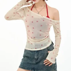 Long Sleeve Tops*Boogzel Clothing Balletcore Aesthetic Bow Mesh Top White/red