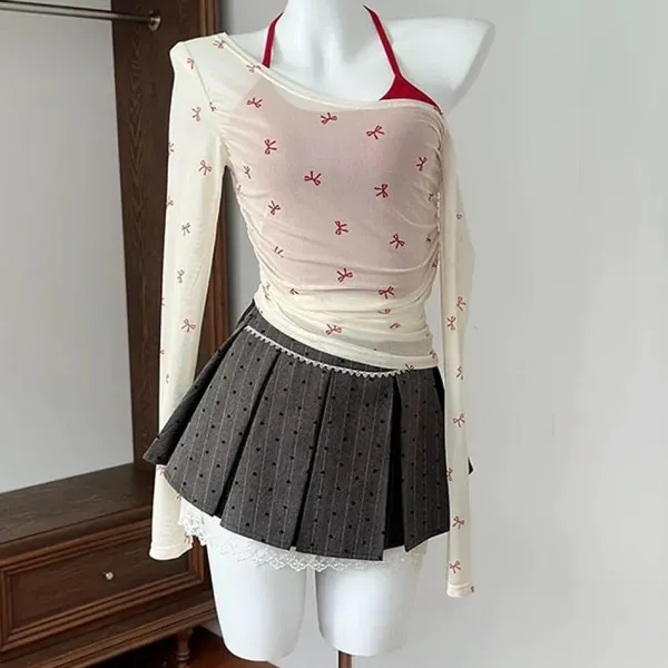 Long Sleeve Tops*Boogzel Clothing Balletcore Aesthetic Bow Mesh Top White/red