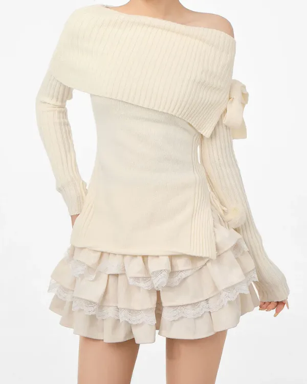 Striped Sweaters|Sweaters*Boogzel Clothing Balletcore Of Shoulder Sweater White