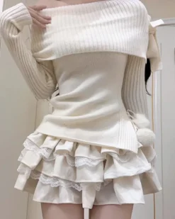 Striped Sweaters|Sweaters*Boogzel Clothing Balletcore Of Shoulder Sweater White