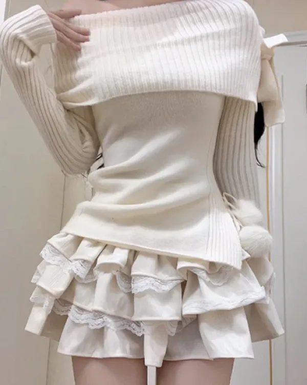 Striped Sweaters|Sweaters*Boogzel Clothing Balletcore Of Shoulder Sweater White