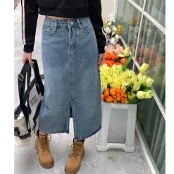 Skirts*Boogzel Clothing Basic Things Split Denim Skirt Blue