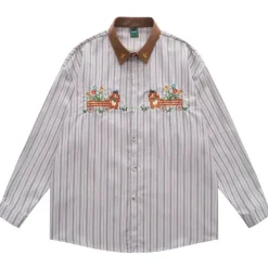 Long Sleeve Tops*Boogzel Clothing Bear Embroidery Striped Shirt White/brown