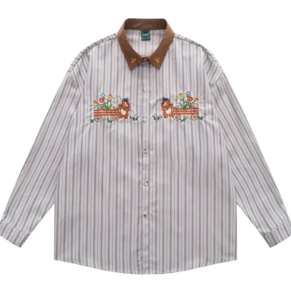Long Sleeve Tops*Boogzel Clothing Bear Embroidery Striped Shirt White/brown