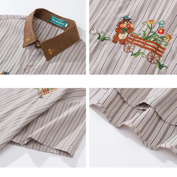 Long Sleeve Tops*Boogzel Clothing Bear Embroidery Striped Shirt White/brown