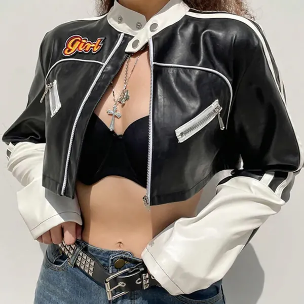 Coats & Jackets*Boogzel Clothing Biker Girl Leather Cropped Jacket Black/white