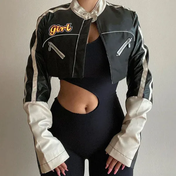 Coats & Jackets*Boogzel Clothing Biker Girl Leather Cropped Jacket Black/white