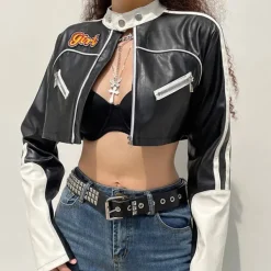 Coats & Jackets*Boogzel Clothing Biker Girl Leather Cropped Jacket Black/white