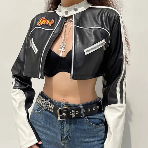 Coats & Jackets*Boogzel Clothing Biker Girl Leather Cropped Jacket Black/white