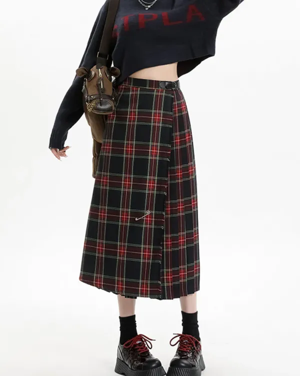 Skirts*Boogzel Clothing Black and Red Plaid Midi Skirt Red/black