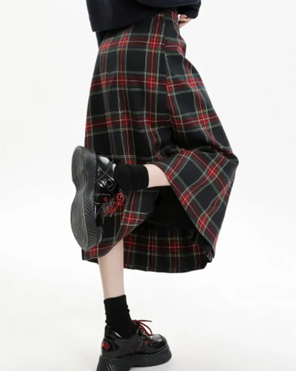 Skirts*Boogzel Clothing Black and Red Plaid Midi Skirt Red/black