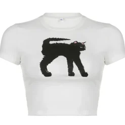 Aesthetic T-Shirts & Graphic Tees|Crop Tops*Boogzel Clothing Black Cat Crop Top White