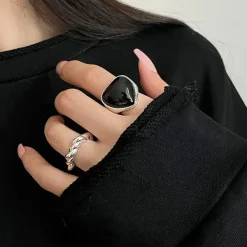 Rings*Boogzel Clothing Black Heart Chunky Ring Silver