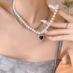 Necklaces & Chokers*Boogzel Clothing Black Heart Pearl Necklace Silver