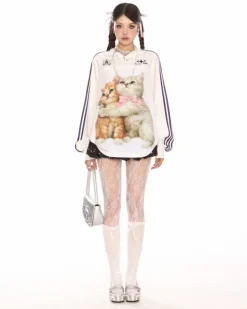 Sweatshirts|Long Sleeve Tops*Boogzel Clothing Blokette Aesthetic Kitten Print Jersey