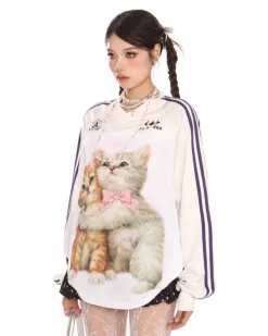 Sweatshirts|Long Sleeve Tops*Boogzel Clothing Blokette Aesthetic Kitten Print Jersey
