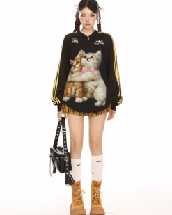 Sweatshirts|Long Sleeve Tops*Boogzel Clothing Blokette Aesthetic Kitten Print Jersey