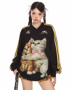 Sweatshirts|Long Sleeve Tops*Boogzel Clothing Blokette Aesthetic Kitten Print Jersey