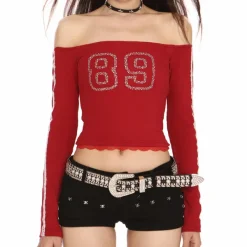 Y2K Tops|Long Sleeve Tops*Boogzel Clothing Blokette Jersey-Style 89 Rhinestone Top