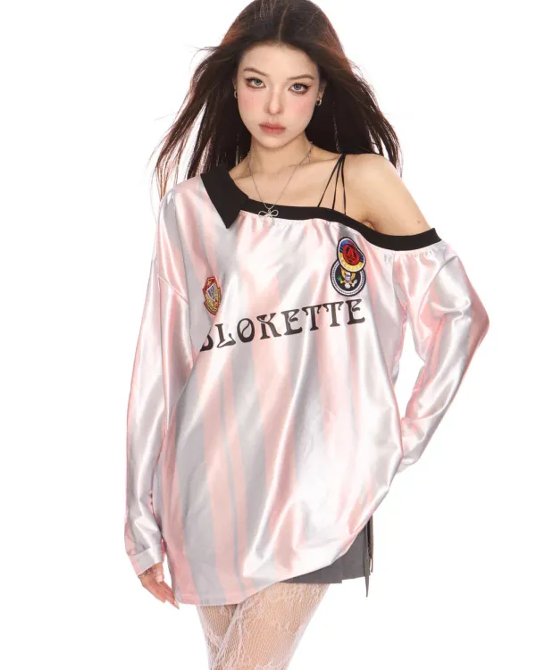 Sweatshirts|Long Sleeve Tops*Boogzel Clothing Blokette Striped Off-Shoulder Jersey